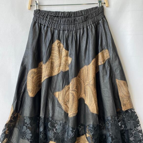 VTG 80 Compagnie‎ Whimsigoth Patchwork Midi Skirt Women S Black Leather ALTERED - Picture 3 of 11